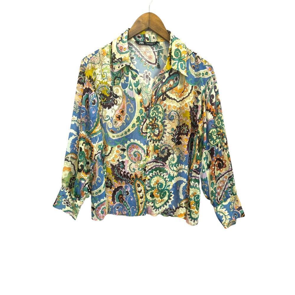 ZARA Women’s Paisley Print Sheer Blouse Collared Long Sl Shirt | Sm Boho‎ Retro